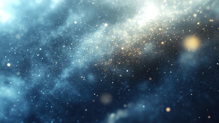 Poster - Ethereal cosmic dust cloud with blue and gold particles creating a dreamy celestial space scene for background
