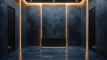 Poster - Elegant Lobby Interior with Black Marble Walls and Doors Illuminated by Warm Glowing Light Fixtures