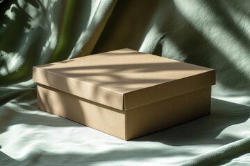 Poster - Elegant still life of a closed cardboard box on a green fabric with soft shadows and natural light creating a calm and serene atmosphere