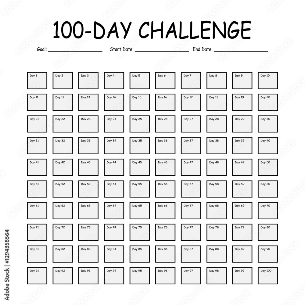 100 Day challenge calendar and goal Planner. Daily tracker with ...
