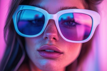 Close-up portrait of a fashionable woman wearing trendy sunglasses under vibrant neon lighting. Her alluring expression and stylish look create a captivating image.