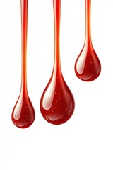Aufkleber - Three glossy red liquid drops on a white background creating a visually striking and modern abstract design with clean lines