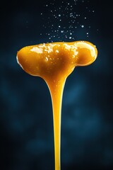 Poster - Golden caramel dripping in slow motion against a dark background captures the sweet dessert concept with a studio shot and a vertical view