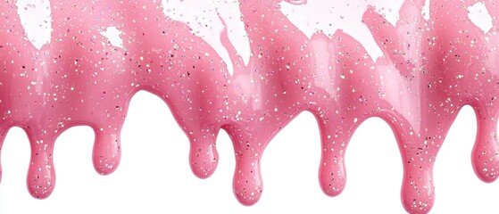 Poster - Sparkling pink glaze dripping down creating a sweet and shiny texture on a white background for a modern design with a top view