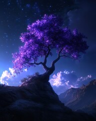 Wall Mural - Enchanting Nightscape with a Luminous Purple Tree Standing Tall Against a Starry Sky and Majestic Mountains