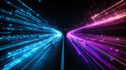 Poster - Long tunnel illuminated with bright lights featuring an abstract blue and purple light background