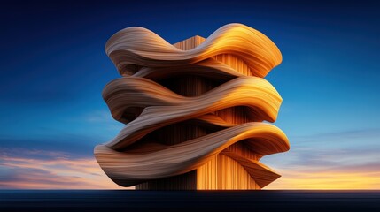 Poster - Tall wooden structure and abstract building with wooden facade pattern in urban environment
