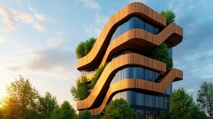 Poster - Tall building with a tree on top and abstract wooden facade design in a cityscape