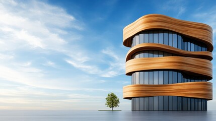 Poster - Tall building with a tree in the middle and abstract wooden facade pattern in urban setting