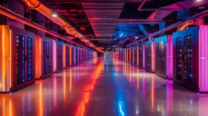 Leinwandbilder - This captivating corridor features rows of server racks bathed in colorful lights, highlighting the advanced technology inside a contemporary data center during nighttime.