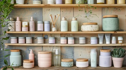 Poster - Various skincare products in calming pastel shades are neatly arranged on wooden shelves. Plants add a touch of nature, creating a serene atmosphere in a bright setting.