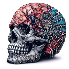 Detailed illustration of a skull with a spiderweb design and a spider, showcasing intricate patterns and colors.