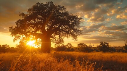 Poster - Golden sunlight filters through the branches of a large tree, illuminating a tranquil grassland as the day transitions into night with soft clouds scattered in the sky.