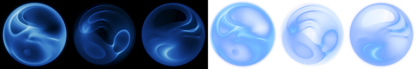 Poster - set of 3 abstract fluid elements: translucent blue fluid elements with dynamic internal motion, isol