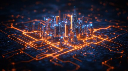 Poster - Abstract representation of a city street network with glowing lights and dark background at night