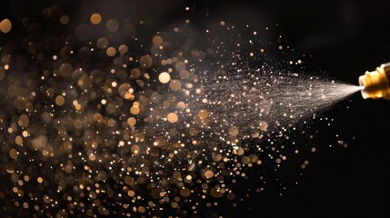 Aufkleber - A spray nozzle releases fine droplets into the air, creating a beautiful effect as sparkling particles catch the light against a dark backdrop, evoking a sense of celebration.