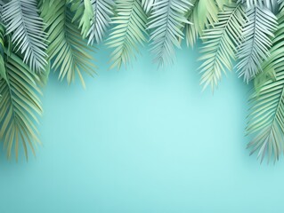 Poster - Tropical Palm Leaves on Turquoise Background Creating a Calming Summer Vibe with Soft Lighting and a Clean Aesthetic for Graphic Design