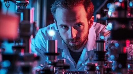 Poster - Focused Male Scientist in Lab Neon Lighting Advanced Technology Research Development Innovation Experiment Engineering Futuristic Science Professional
