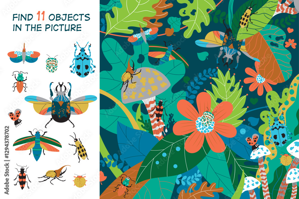 Find 11 insects in the picture. Hidden objects puzzle. Vector ...