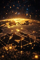 Aufkleber - Golden network of global connection illuminating earth in a digital age with bokeh lights and dark background
