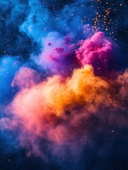 Poster - Vibrant explosion of colorful powder creating abstract cloud formation in dark background artistic expression