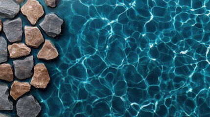 Poster - aerial view of a turquoise pool with rocks and textured water surface in high fidelity detail