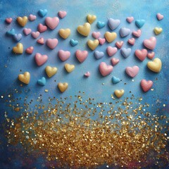 Poster - Pastel Hearts and Golden Glitter on Blue Textured Background Romantic Valentine's Day Celebration Sweet Love Concept Festive Holiday Backdrop