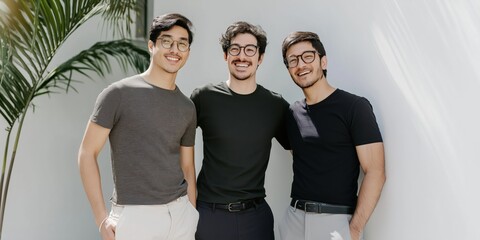 Wall Mural - Three men are standing next to each other, smiling and posing for a photo. They are all wearing glasses and black shirts. Concept of camaraderie and friendship among the three men