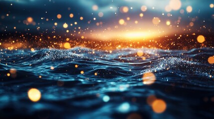 Poster - aerial view of dark blue ocean with bright yellow light and textured waves in high fidelity image