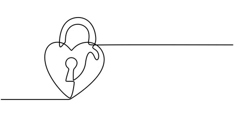 Continuous line drawing heart shaped lock. Love concept. Vector illustration, Continuous one line drawing of a person with a lock on their heart, symbolizing emotional restraint and protection. 