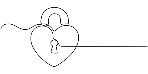 Continuous line drawing heart shaped lock. Love concept. Vector illustration, Continuous one line drawing of a person with a lock on their heart, symbolizing emotional restraint and protection. 