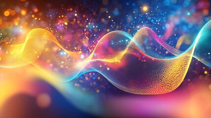 Poster - Abstract Colorful Wave Background Digital Art Vibrant Energy Flowing Design Modern Sparkle Glowing Particles Bright Hues Dynamic Texture Festive      