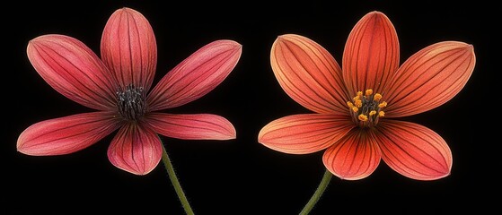 Poster - Two Delicate Orange Flowers Displayed Against a Black Background in a Macro Shot Emphasizing Fine Details and Textures for Floral Beauty