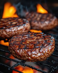 Wall Mural - Appetizing beef burgers grilling over an open flame on a charcoal barbecue grill with a close up shot for summer cookout