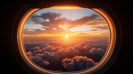 Poster - Airplane window view of a colorful sunset over clouds with a vibrant sky during a flight