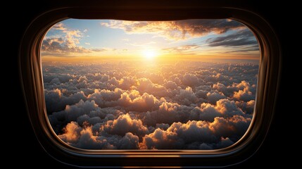 Poster - Airplane window view of colorful sunset over clouds with blue sky and soft lighting effects