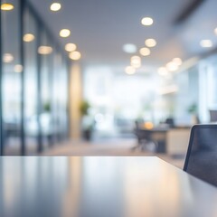 Poster - Blurred Office Interior: Clean Desk Surface in Focus with Stylish Workspace Ambience and Modern Lighting.