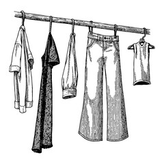 Wall Mural - hanging clothes collection on a rod black and white outline line art drawing design