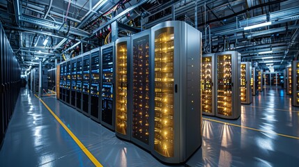 Leinwandbilder - A high tech data center featuring rows of illuminated servers housed in black cabinets. The setting showcases organized cabling, efficient cooling, and a bright interior.