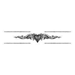 Wall Mural - horizontal line divider with heart shape in baroque style black and white outline line art drawing