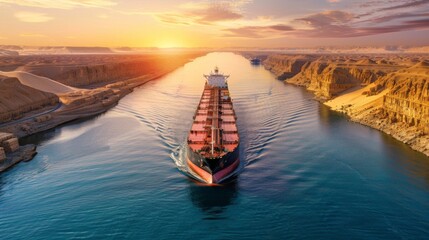 Aufkleber - A large cargo ship moves steadily through a narrow channel, with sandy cliffs on either side. The sun sets behind the horizon, casting warm light across the landscape.