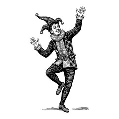 Wall Mural - medieval jester dancing with hat black and white outline line art drawing engraving style