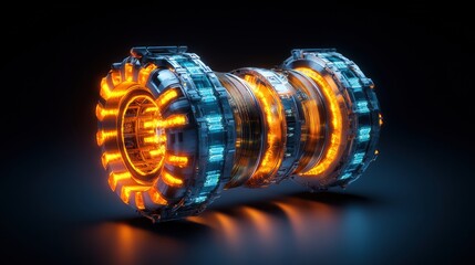 Poster - Close up of a glowing orange circular object with a futuristic warp drive and quantum entanglement theme