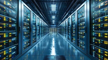 Leinwandbilder - Rows of server racks fill the corridor of a modern data center, with glowing lights indicating active equipment, all set in a well maintained facility.