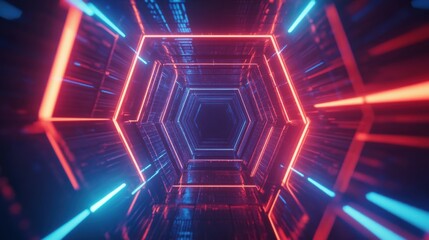 Poster - Futuristic Hexagonal Tunnel with Neon Lights in Blue and Red Colors