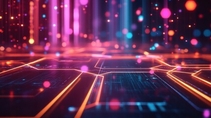 Fototapete - Abstract Digital Background with Bright Glow and Colorful Particles
