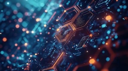 Fototapete - Abstract Digital Background with Hexagonal Patterns and Glowing Effects