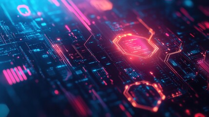 Poster - Futuristic Digital Circuit Board with Bright Neon Lights and Patterns
