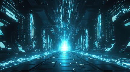 Fototapete - Futuristic Digital Corridor with Neon Lights and Abstract Design