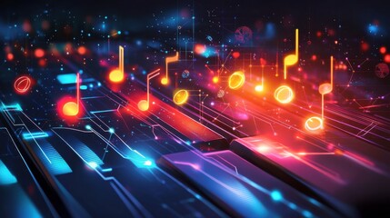 Wall Mural - colorful musical notes with abstract technology background